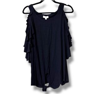 Umgee women’s large black linen blend open shoulder tie front top new with tags